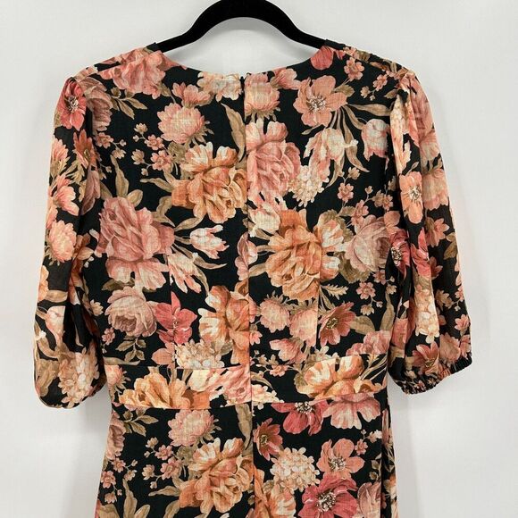 NWOT SHEIKE Orange Black Floral Print Button Down Puff Sleeve Boho Midi Dress 10 - Picture 7 of 9